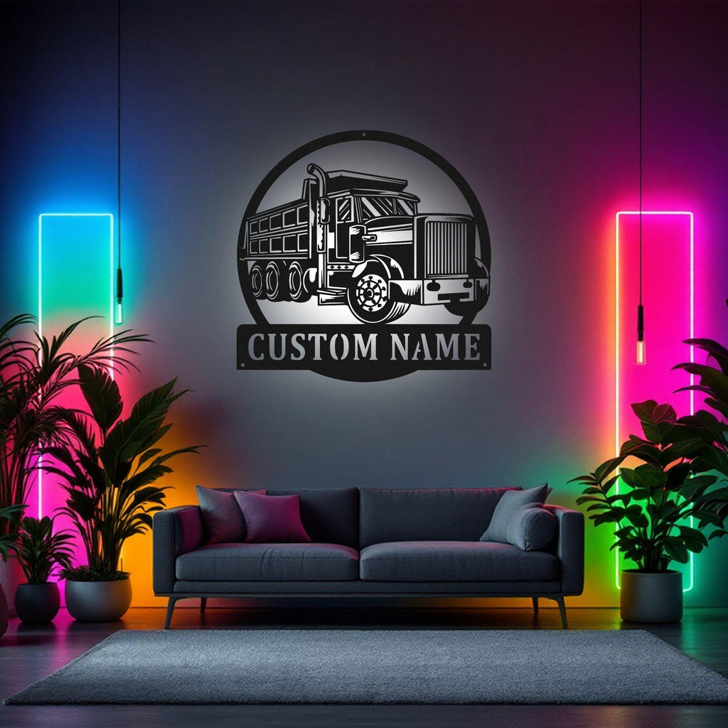 Custom Dump Truck Metal Wall Art With Led Light, Personalized Dump Trucker Name Sign Decoration For Room, Dump Truck Metal Led Decor