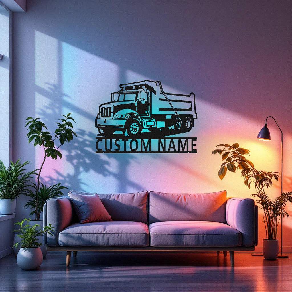 Custom Dump Truck Metal Wall Art With Led Light, Personalized Dump Trucker Name Sign Decoration For Room, Dump Truck Metal Led Decor