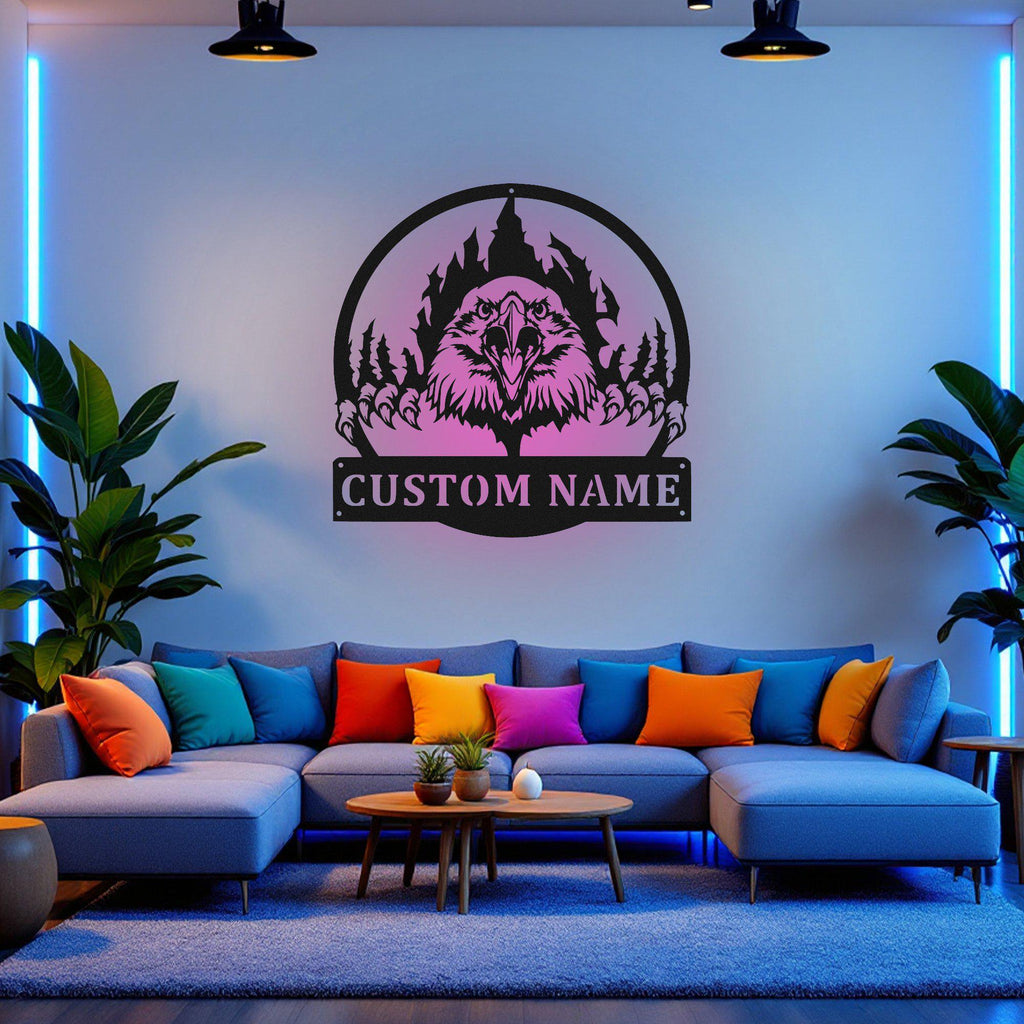 Custom Eagle Claws Scratch Metal Wall Art With Led Light, Personalized Eagle Name Sign Decoration For Room, Eagle Metal Led Decor, Eagle