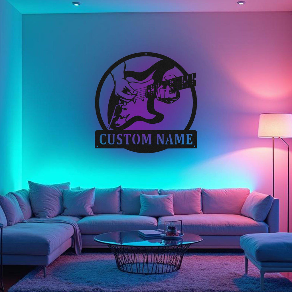 Custom Electric Guitar Metal Wall Art With Led Light, Personalized Electric Guitarist Name Sign Decoration For Room, Guitar Metal Led Decor
