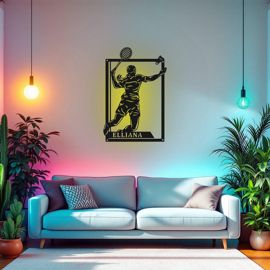 Custom Female Badminton Signage Metal Wall Art With Led Light, Personalized Badminton Player Name Sign Decoration, Badminton Metal Led Decor
