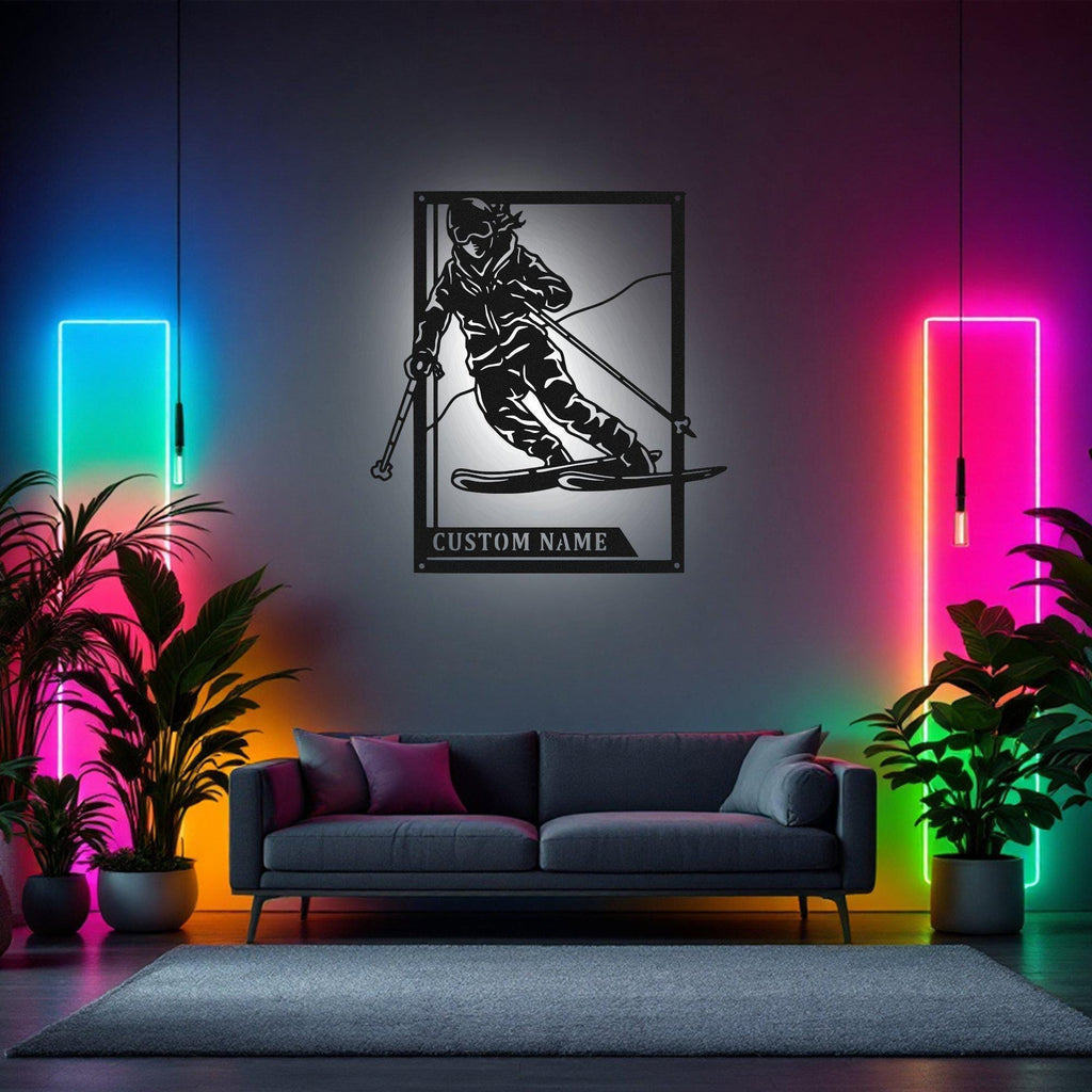 Custom Female Skiing Signage Metal Wall Art With Led Light, Personalized Skiier Name Sign Decoration, Female Skiing Signage Metal Led Decor