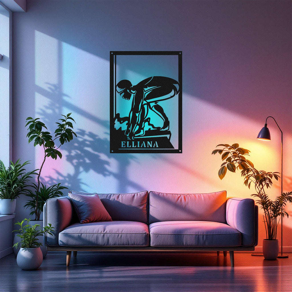 Custom Female Swimming Signage Metal Wall Art With Led Light, Personalized Swimmer Name Sign Decoration, Female Swimming Metal Led Decor