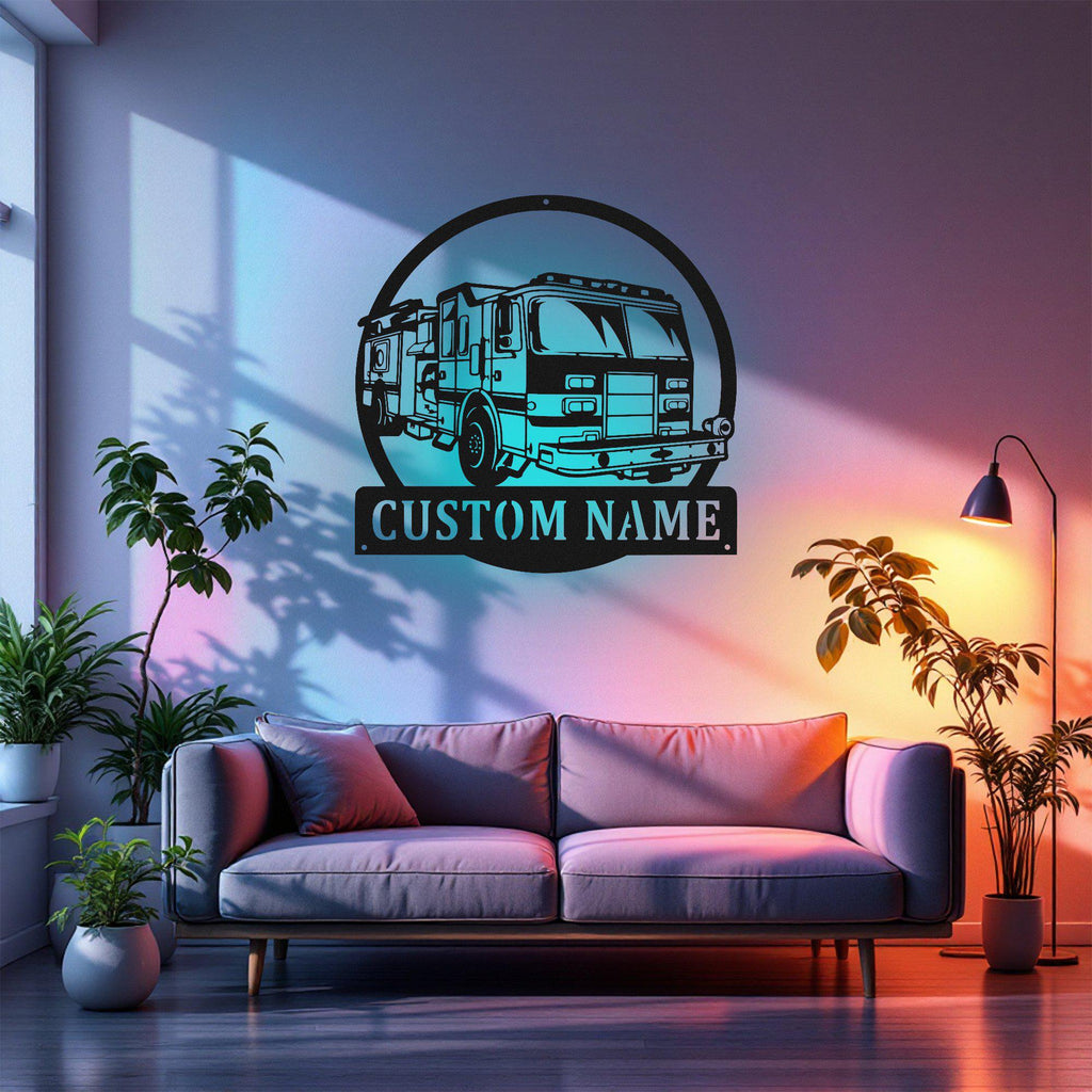 Custom Fire Truck Metal Wall Art With Led Light, Personalized Fire Trucker Name Sign Decoration For Room, Fire Truck Metal Led Decor