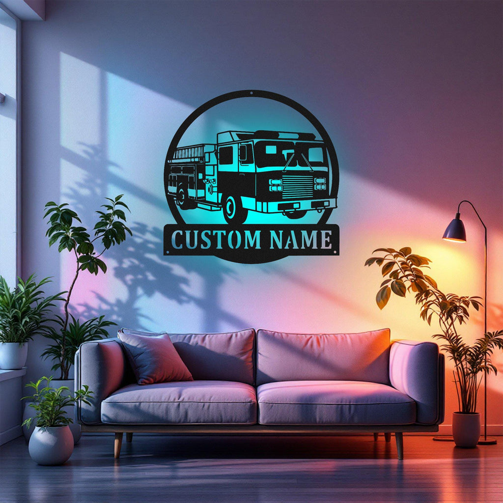 Custom Fire Truck Metal Wall Art With Led Light, Personalized Fire Trucker Name Sign Decoration For Room, Fire Truck Metal Led Decor