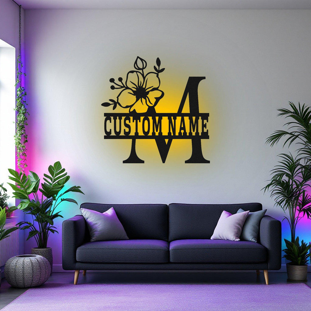 Custom Floral Alphabet M Metal Wall Art With LED Light, Personalized Alphabet Family Name Sign Decoration For Room,Last Name Metal Decor