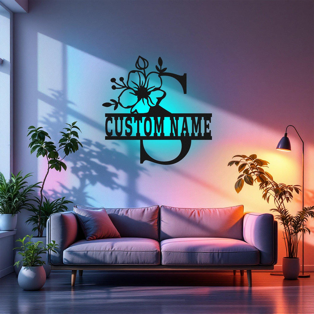 Custom Floral Alphabet S Metal Wall Art With Led Light, Personalized Alphabet Family Name Sign Decoration For Room,Last Name Metal Led Decor