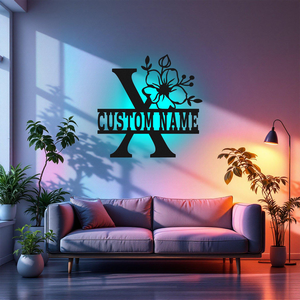 Custom Floral Alphabet X Metal Wall Art With Led Light, Personalized Alphabet Family Name Sign Decoration For Room,Last Name Metal Led Decor