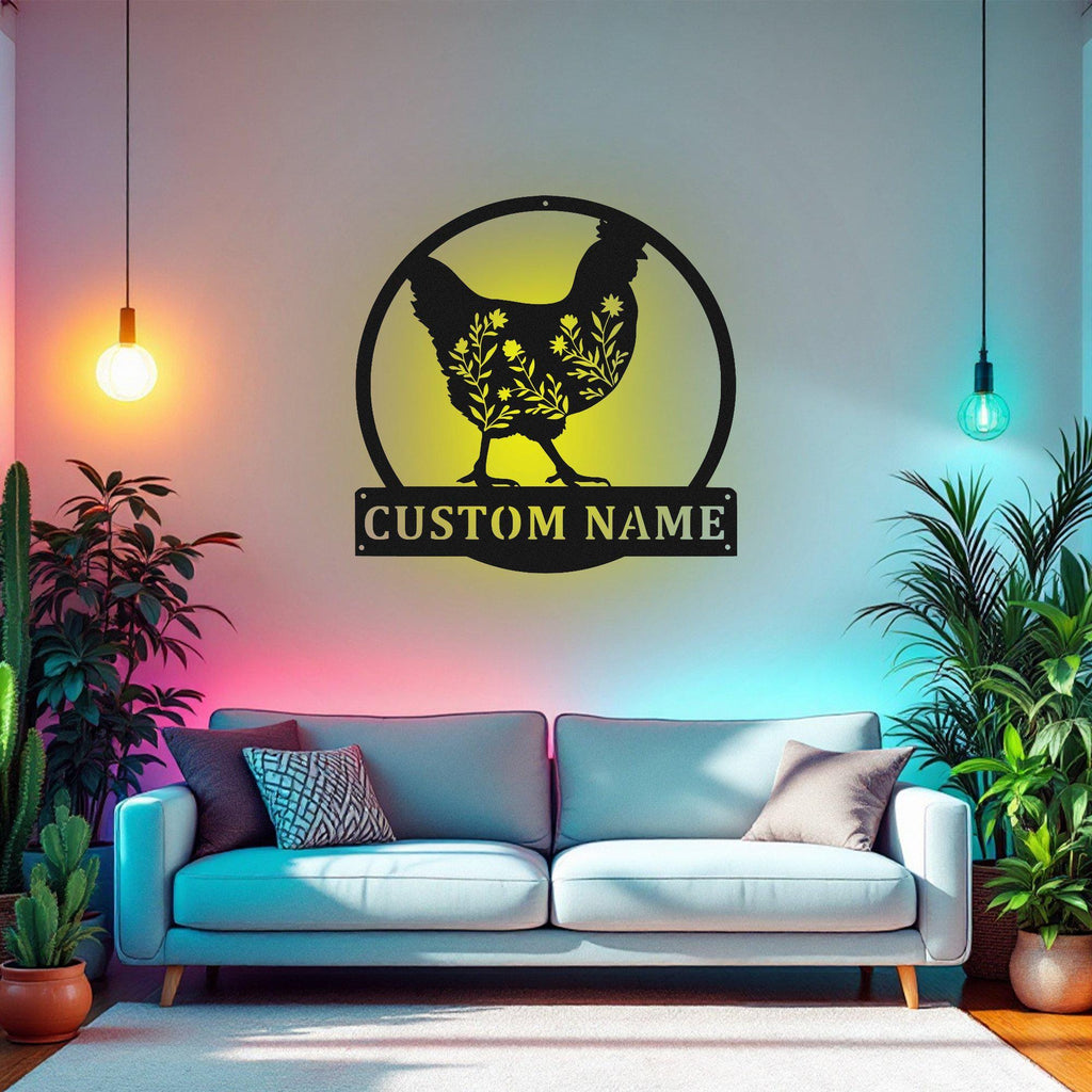 Custom Floral Chicken Metal Wall Art With Led Light, Personalized Chicken Farm Name Sign Decoration For Room, Chicken Farm Metal Led Decor