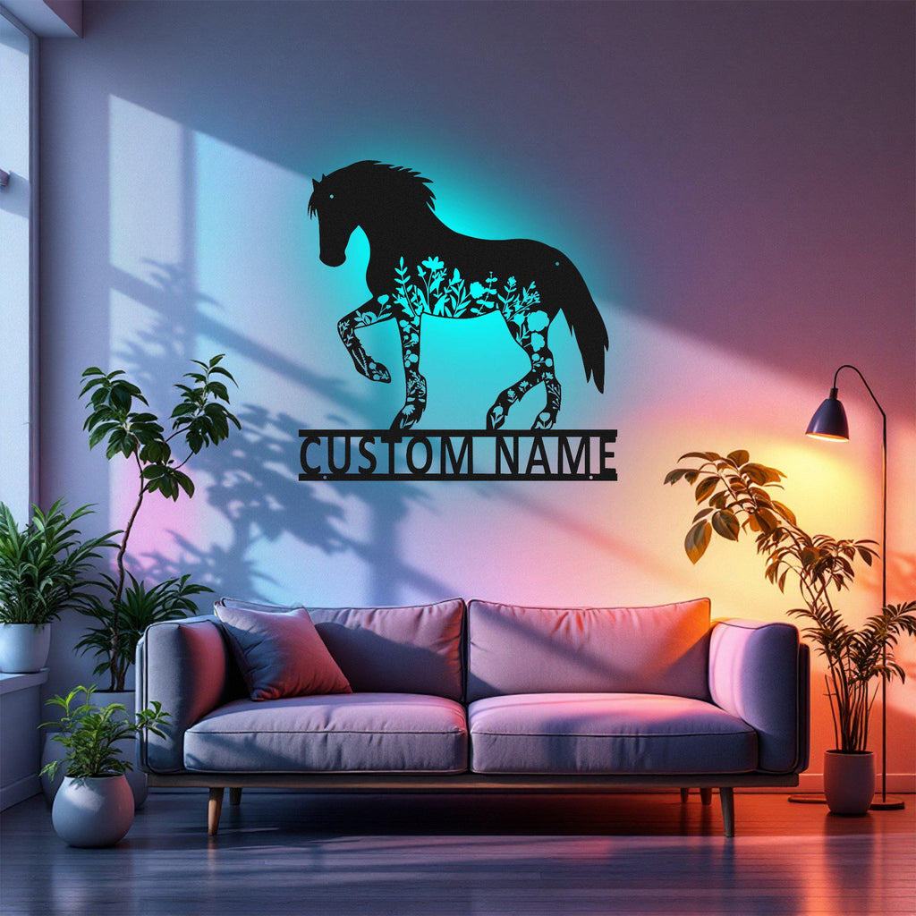 Custom Floral Horse Metal Wall Art With Led Light, Personalized Horse Name Sign Decoration For Room, Horse Metal Led Decor, Custom Horse