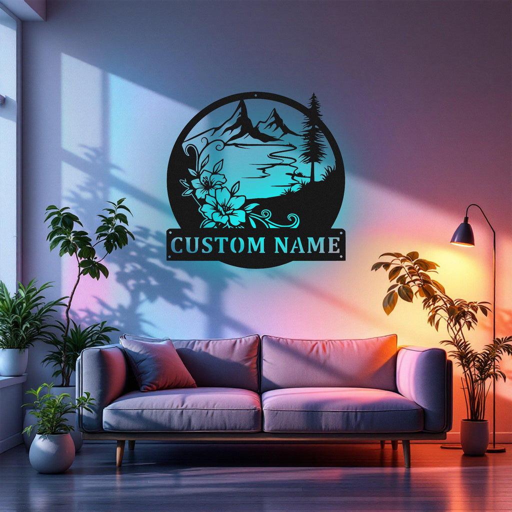 Custom Floral Lake scene Metal Wall Art With Led Light, Personalized Lake Name Sign Decoration For Room, Lake Metal Led Decor, Custom Lake