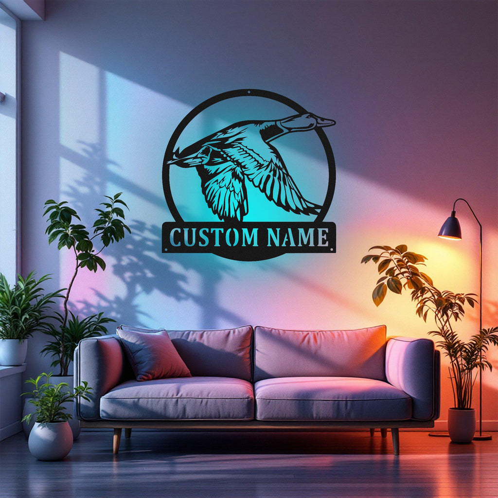 Custom Flying Duck Metal Wall Art With Led Light, Personalized Duck Name Sign Decoration For Room, Flying Duck Metal Led Decor, Custom Duck