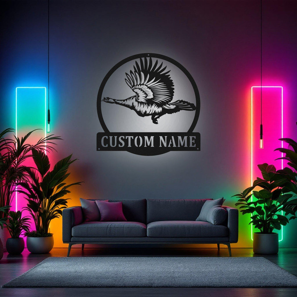 Custom Flying Turkey Metal Wall Art With LED Light, Personalized Turkey Name Sign Decoration For Room, Turkey Metal Decor, Custom Turkey
