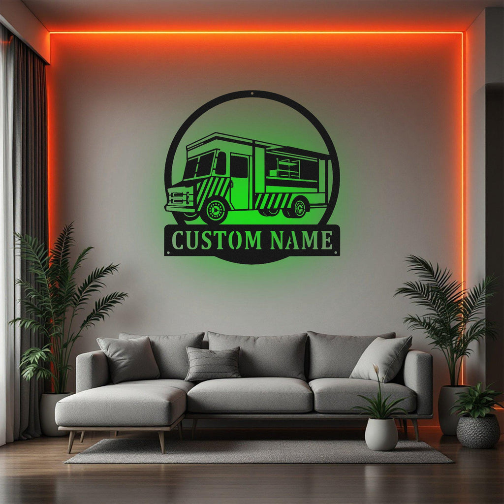 Custom Food Truck Metal Wall Art With Led Light, Personalized Food Trucker Name Sign Decoration For Room, Food Truck Metal Led Decor