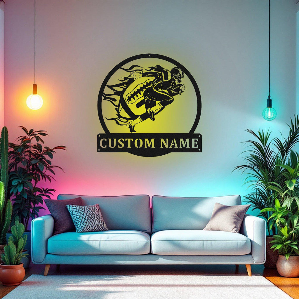 Custom Football Player Metal Wall Art With Led Light, Personalized Football Player Name Sign Decoration For Room, Football Metal Led Decor