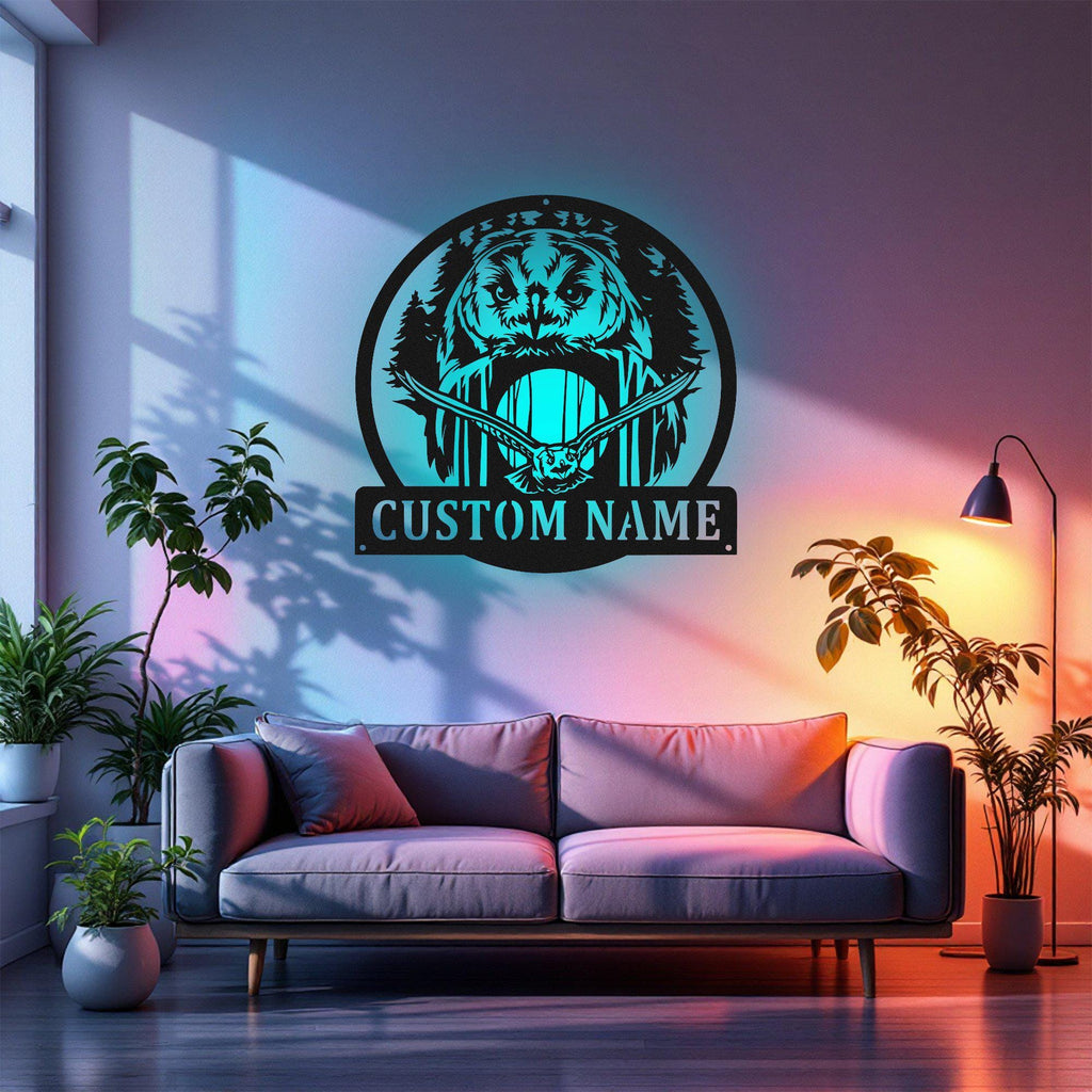 Custom Forest Owl Metal Wall Art With Led Light, Personalized Owl Name Sign Decoration For Room, Owl Metal Led Decor, Custom Owl Name Sign