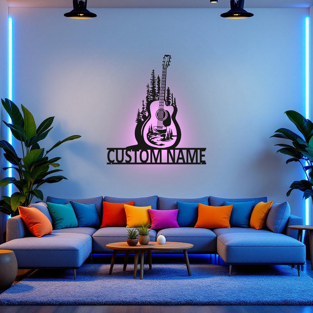 Custom Acoustic Guitar Metal Wall Art With Led Light, Personalized Guitarist Name Sign Decoration For Room, Acoustic Guitar Metal Led Decor