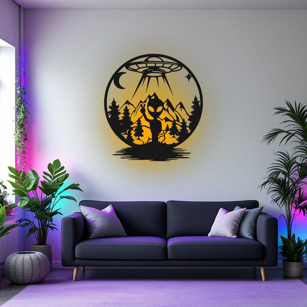 Alien Under The Moon Metal Wall Art With Led Light, Alien Under The Moon Sign Decoration For Room, UFO Alien Under The Moon Metal Led Decor