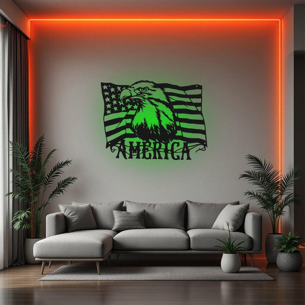 American Eagle Flag Metal Wall Art With Led Light, American Eagle Flag Sign Decoration For Living Room, American Eagle Flag Metal Led Decor