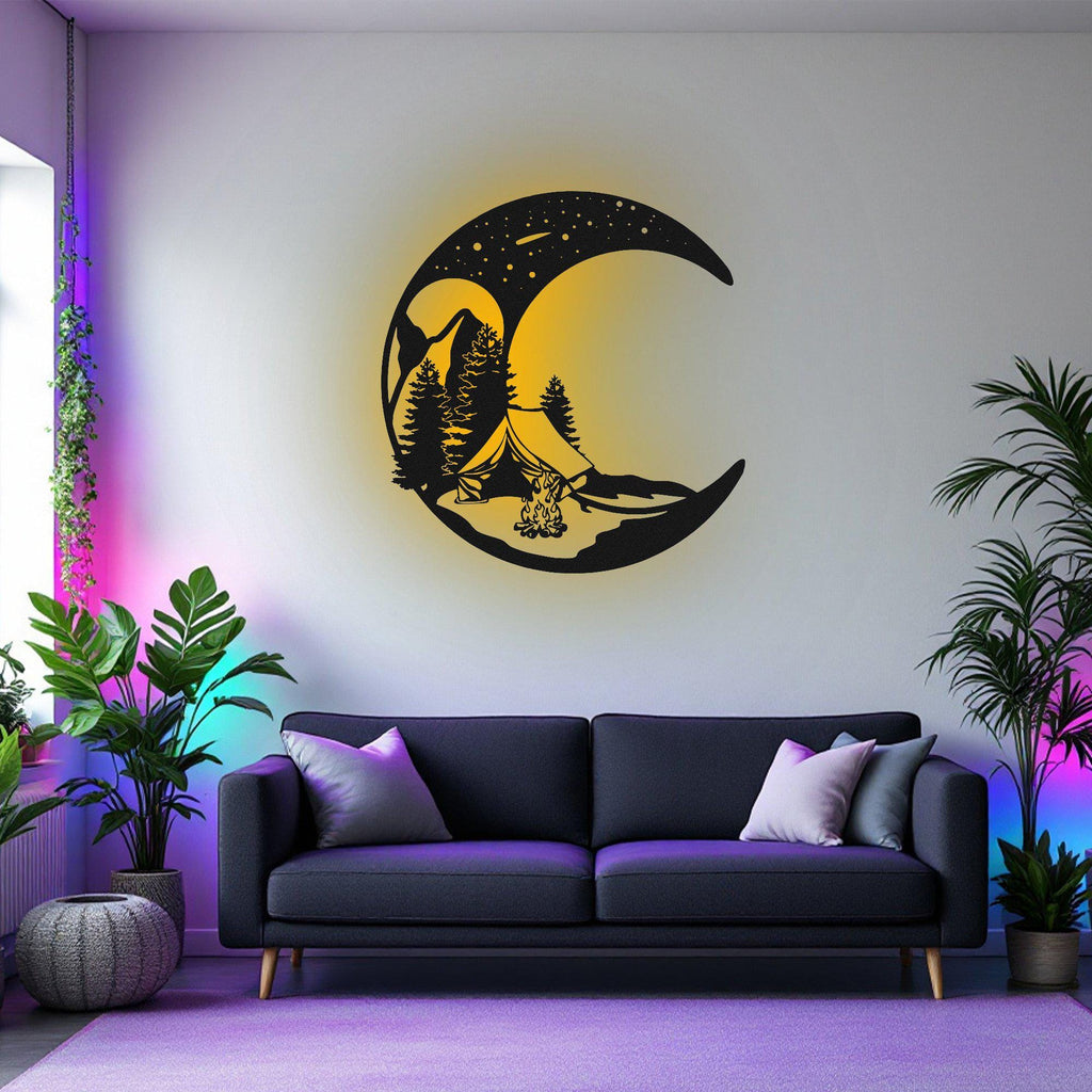 Crescent Moon Camping Metal Wall Art With Led Light, Crescent Moon Camping Sign Decoration For Room, Crescent Moon Camping Decor