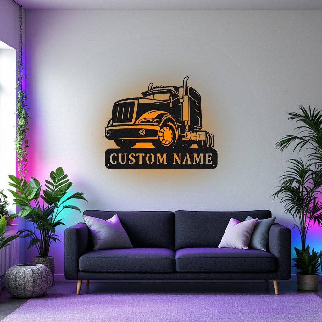 Custom Semi Truck Metal Sign, Personalized Semi Trucker Name Sign Decoration For Room, Semi Truck Metal Led Decor