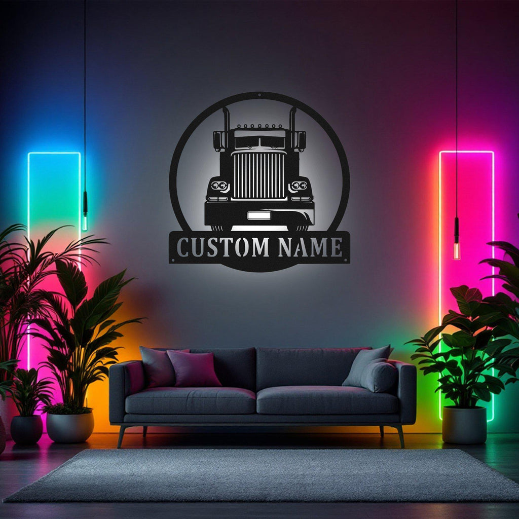 Custom Semi Truck Metal Sign, Personalized Semi Trucker Name Sign Decoration For Room, Semi Truck Metal Led Decor