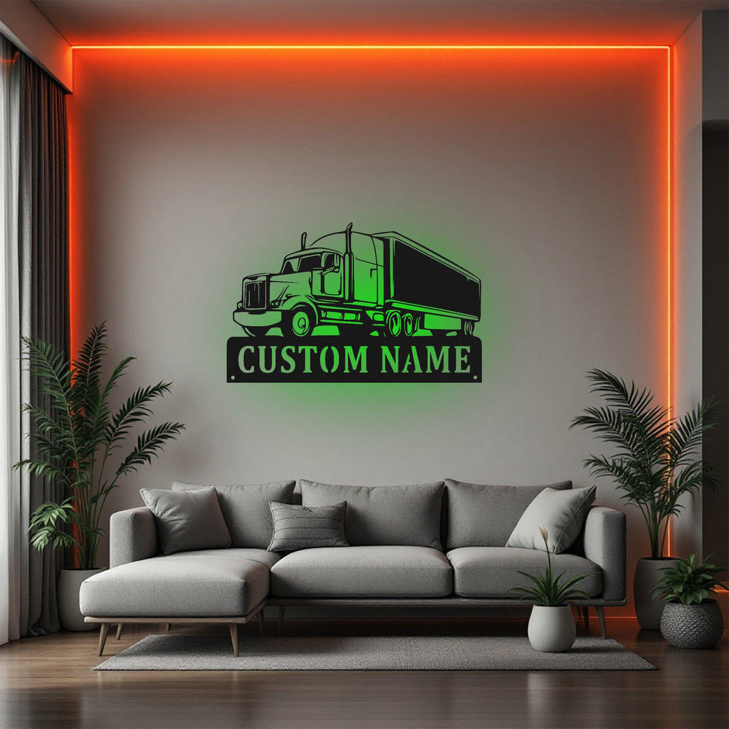 Custom Semi Truck Metal Sign, Personalized Semi Trucker Name Sign Decoration For Room, Semi Truck Metal Led Decor