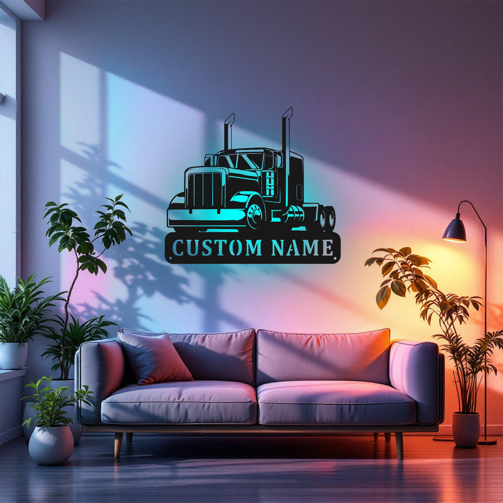 Custom Semi Truck Metal Sign, Personalized Semi Trucker Name Sign Decoration For Room, Semi Truck Metal Led Decor