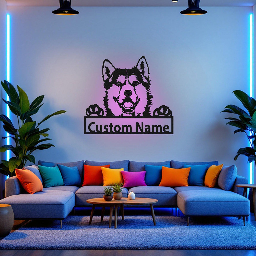 Custom Siberian Husky Metal Wall Art With Led Light, Personalized Siberian Husky Name Sign Decoration For Dog Room, Siberian Husky Decor