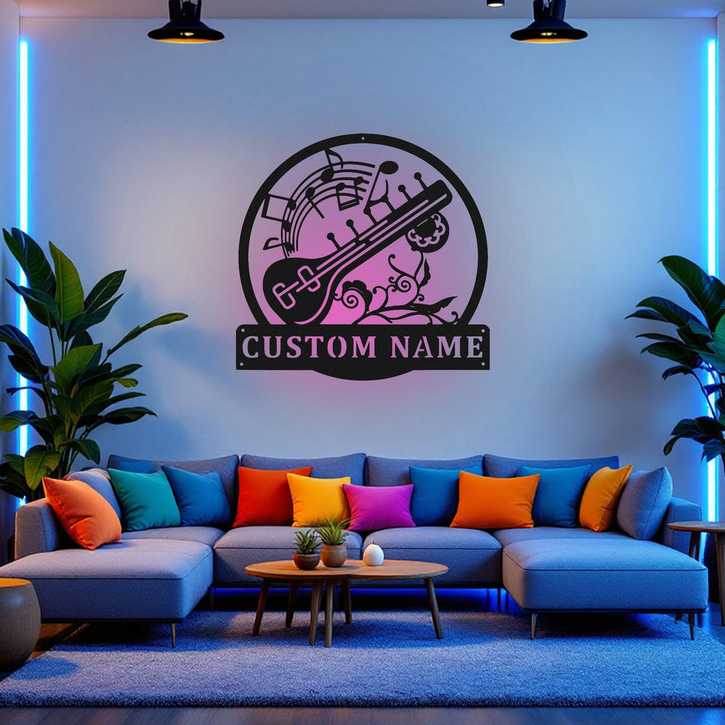 Custom Sitar Musical Instrument Metal Wall Art With Led Light, Personalized Sitar Name Sign Decoration For Room, Sitar Metal Home Decor