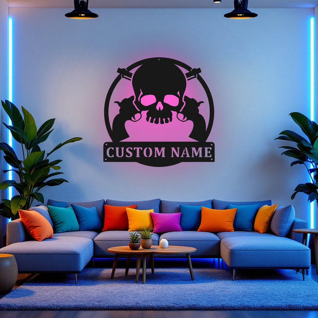 Custom Skull Guns Metal Wall Art With Led Light, Personalized Skull Guns Name Sign Decoration For Room, Skull Guns Metal Home Decor, Guns