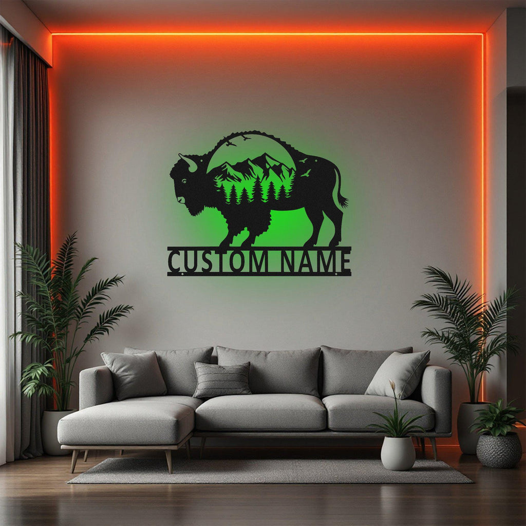 Custom American Bison Metal Wall Art With Led Light, Personalized Bison Name Sign Decoration For Room, Bison Metal Led Decor, Custom Bison