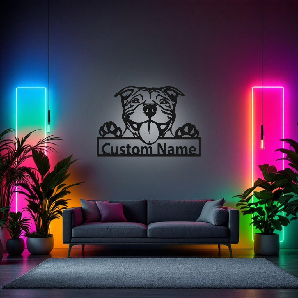 Custom American Pit Bull Metal Wall Art With Led Light, Personalized Pit Bull Name Sign Decoration For Dog Room, Pit Bull Metal Home Decor