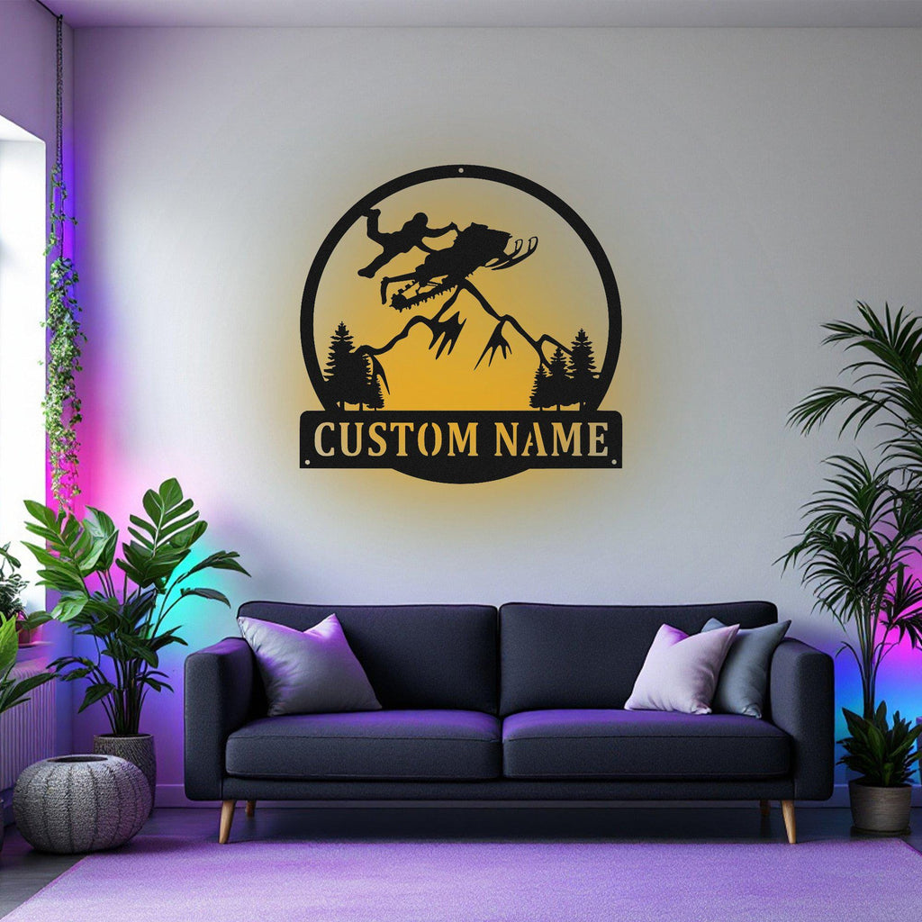 Custom Snowmobile Metal Wall Art With LED Light, Personalized Snowmobile Rider Name Sign Decoration For Room, Snowmobile Metal Decor