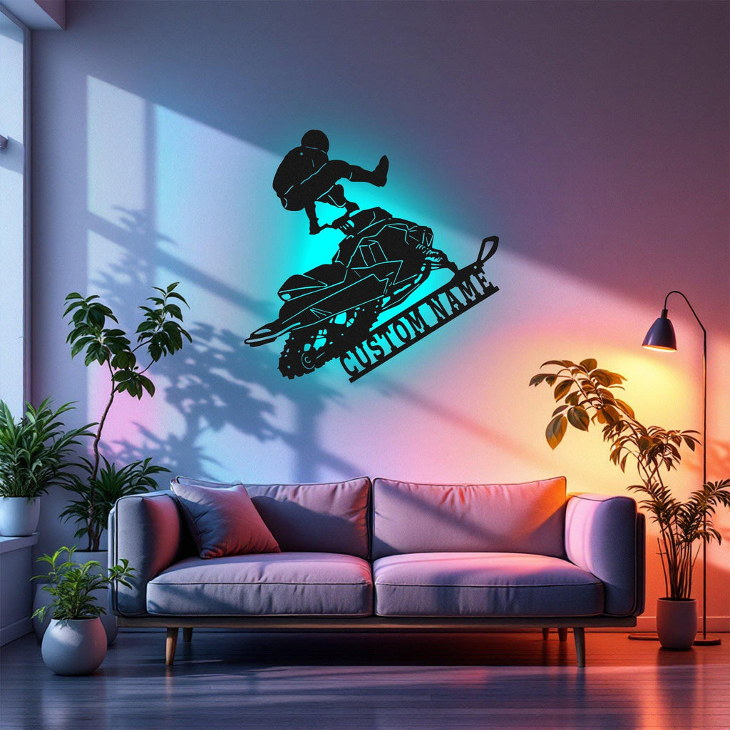 Custom Snowmobile Metal Wall Art With Led Light, Personalized Snowmobile Rider Name Sign Decoration For Room, Snowmobile Metal Led Decor