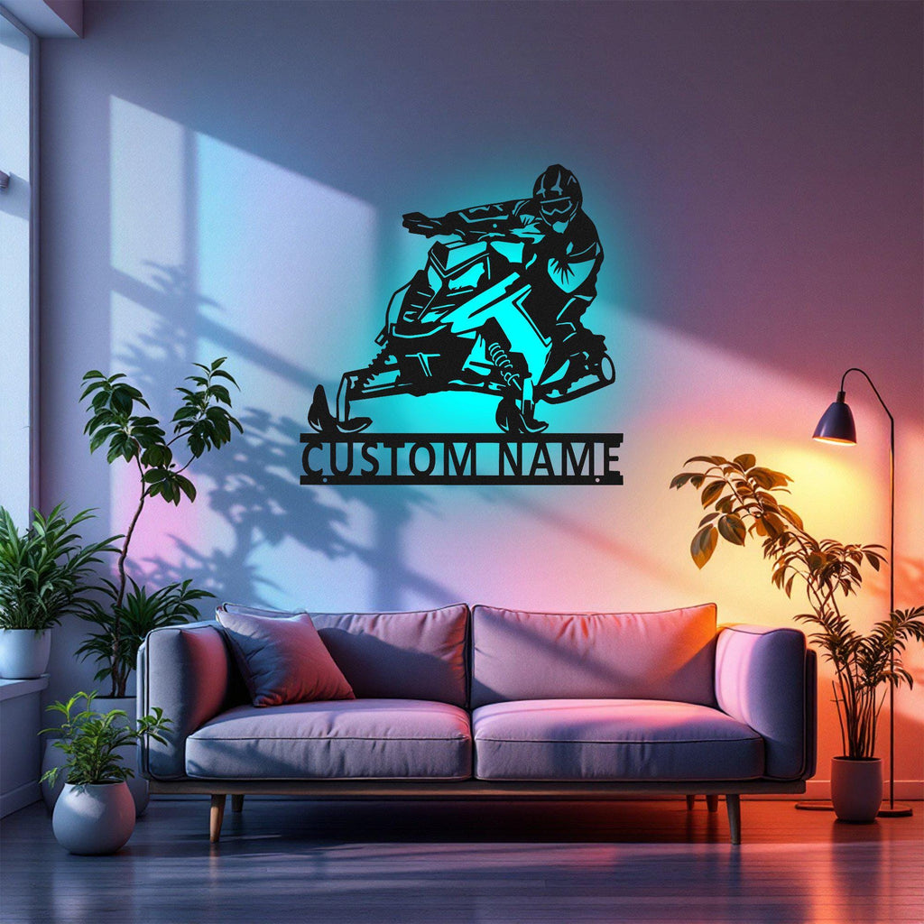 Custom Snowmobile Metal Wall Art With Led Light, Personalized Snowmobile Rider Name Sign Decoration For Room, Snowmobile Metal Led Decor