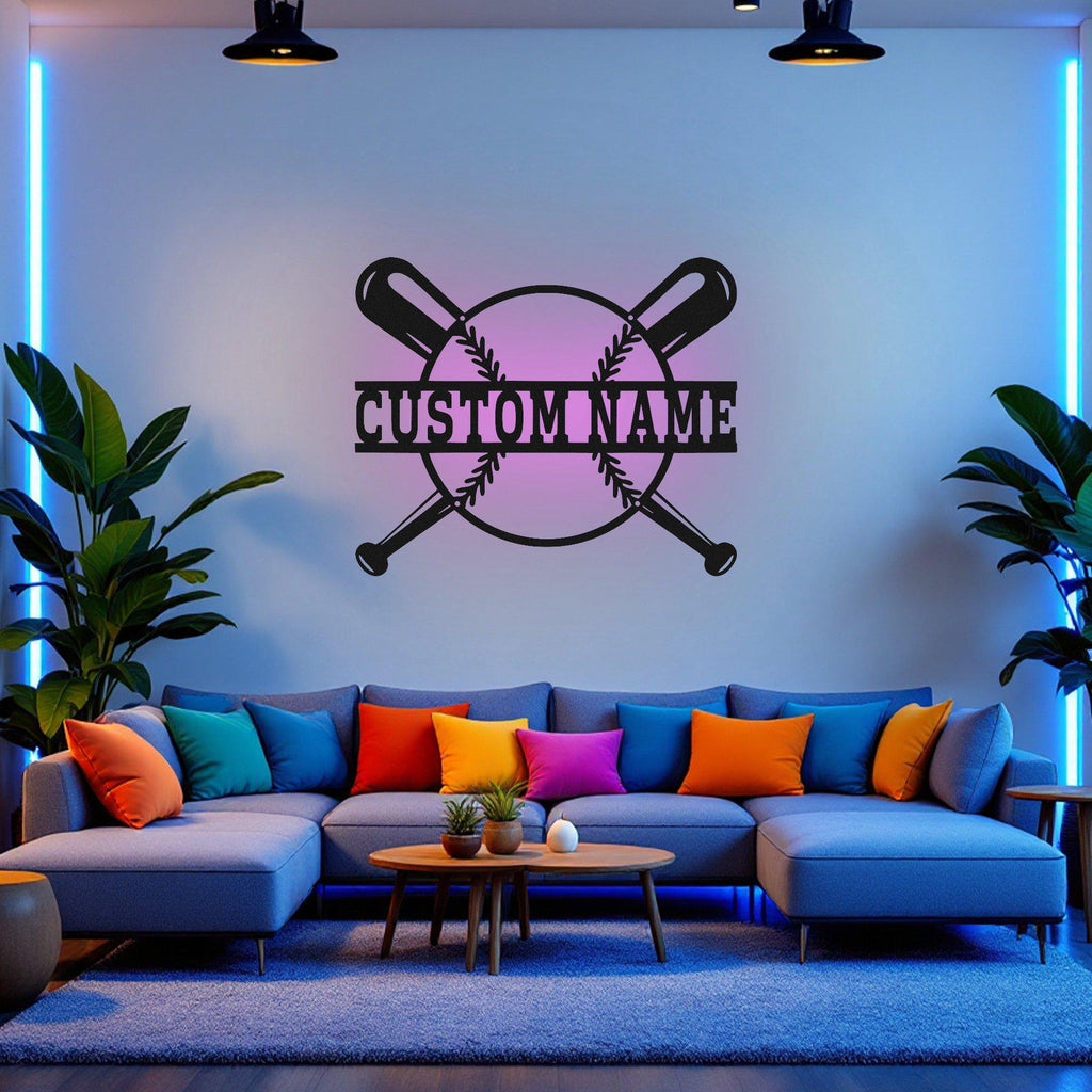 Custom Baseball Bat Metal Wall Art With Led Light, Personalized Baseball Player Name Sign Decoration For Room, Baseball Metal Led Decor