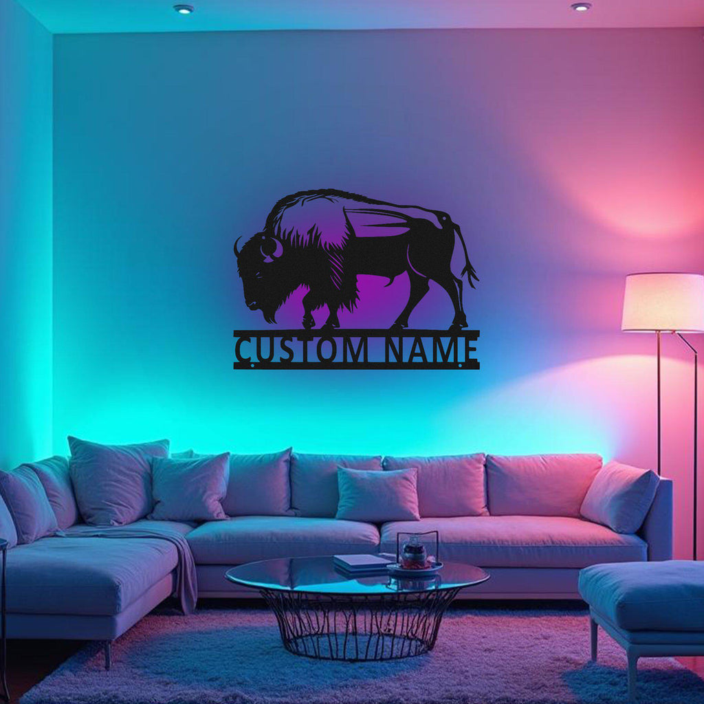 Custom Bison Metal Wall Art With Led Light, Personalized Bison Name Sign Decoration For Room, Bison Metal Led Decor, Custom Bison Name Sign