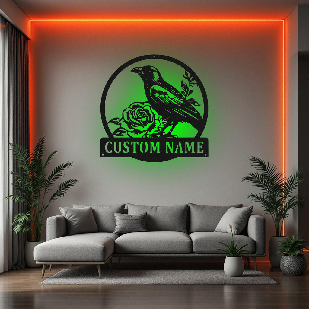 Custom Black Crow Raven Bird Metal Sign, Personalized Raven Bird Name Sign Decoration For Room, Raven Bird Metal Led Decor