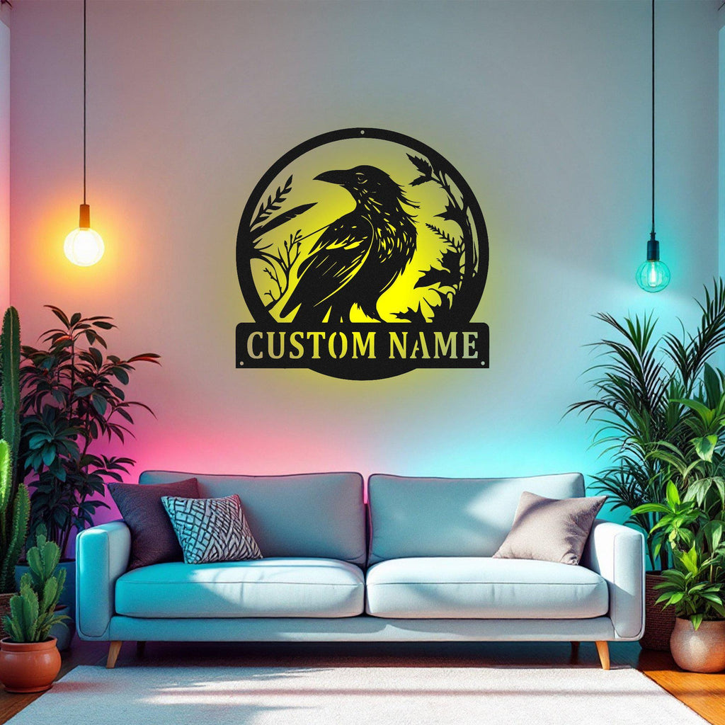 Custom Black Crow Raven Bird Metal Sign, Personalized Raven Bird Name Sign Decoration For Room, Raven Bird Metal Led Decor