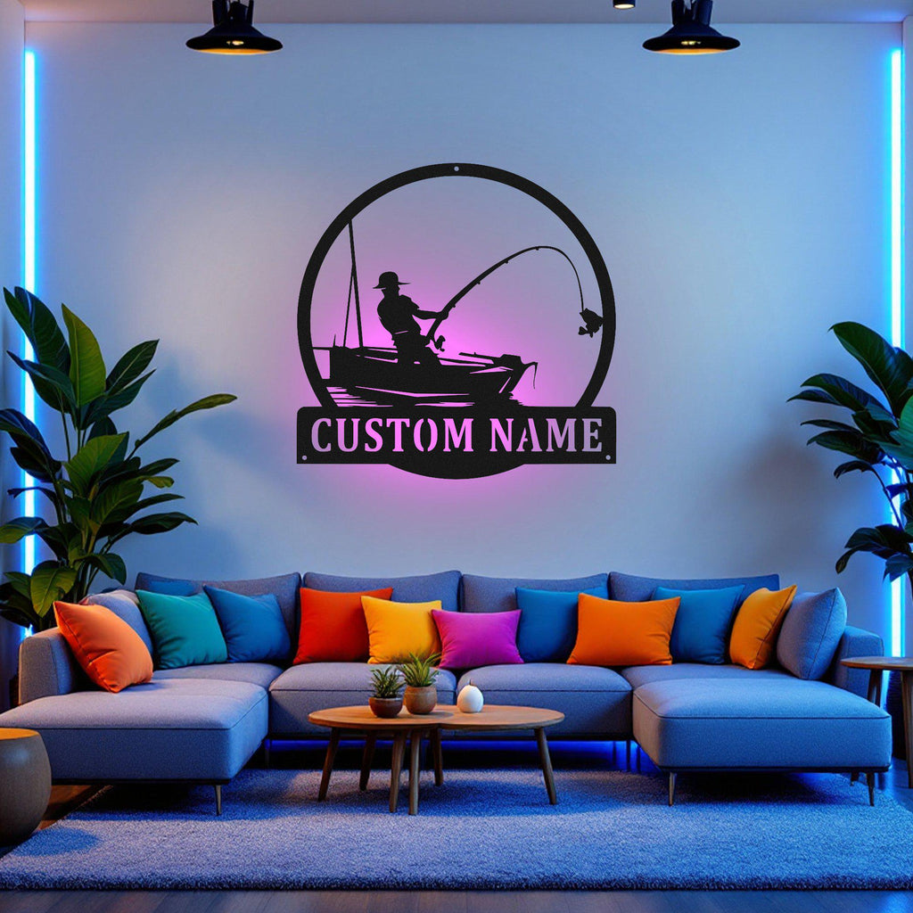 Custom Boat Fishing Metal Sign, Personalized Boat Fisher Name Sign Decoration For Room, Boat Fishing Metal Led Decor