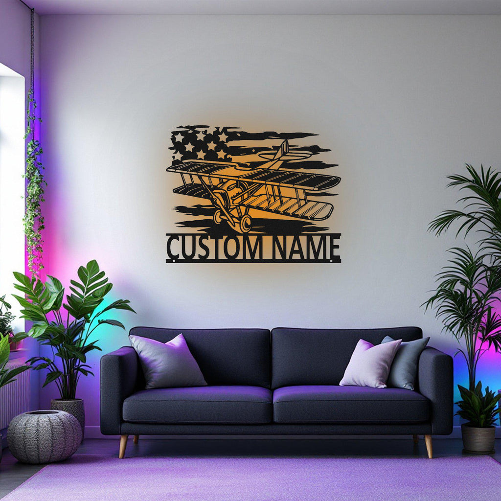 Custom US Biplane Metal Wall Art With LED Light, Personalized Biplane Pilot Name Sign Decoration For Room, Biplane Metal Decor, Biplane