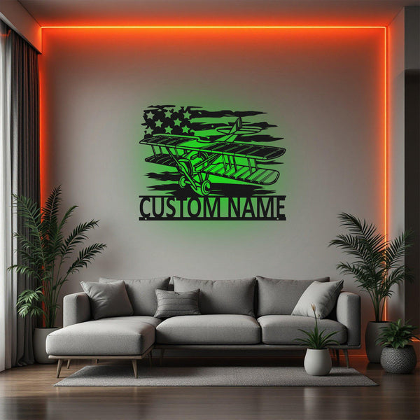 Custom US Biplane Metal Wall Art With LED Light, Personalized Biplane Pilot Name Sign Decoration For Room, Biplane Metal Decor, Biplane