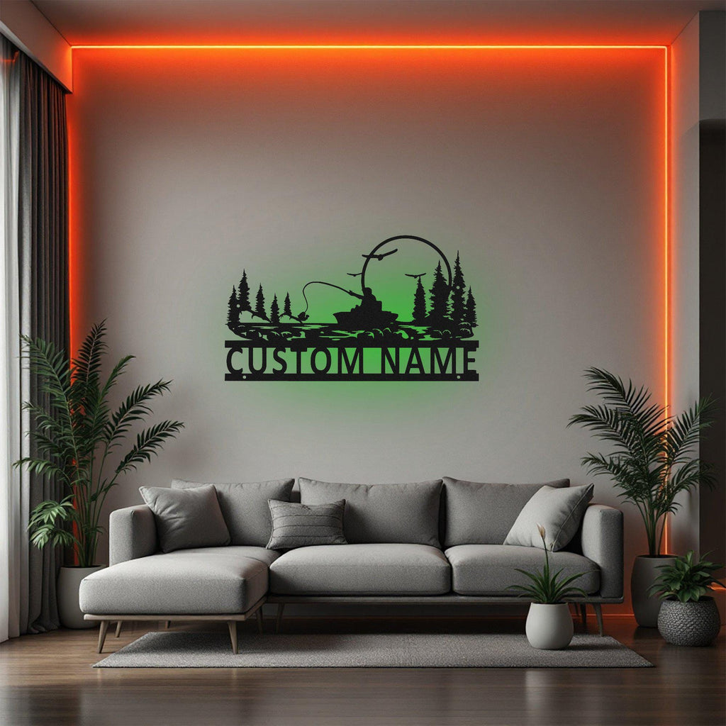Custom Boat Fishing Metal Sign, Personalized Boat Fisher Name Sign Decoration For Room, Boat Fishing Metal Led Decor