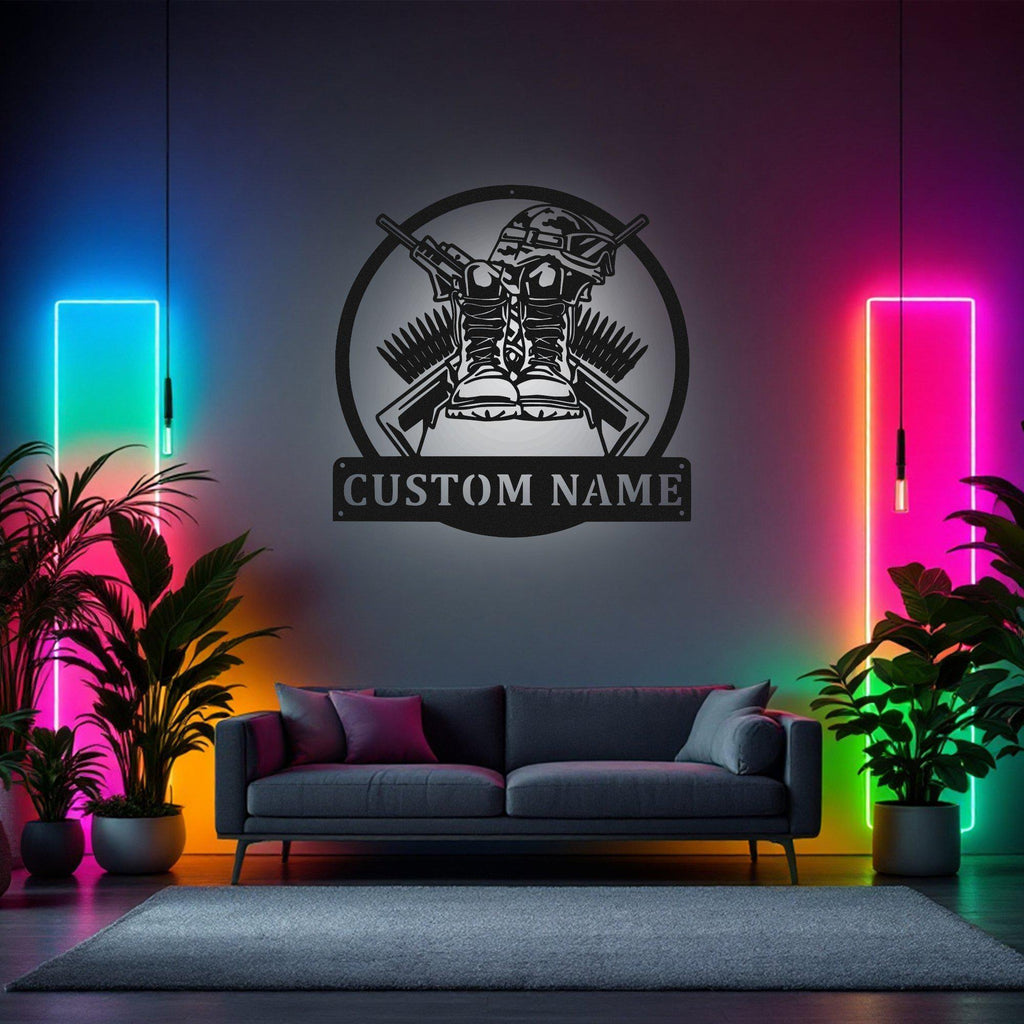 Custom Boots Guns Veteran Metal Wall Art With Led Light, Personalized Veteran Name Sign Decoration For Room, Veteran Metal Home Decor