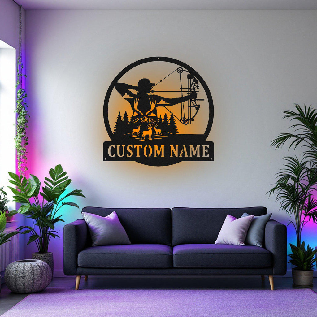 Custom Bow Hunter Metal Sign, Personalized Bow Hunter Name Sign Decoration For Room, Bow Hunter Metal Led Decor, Bow Hunter