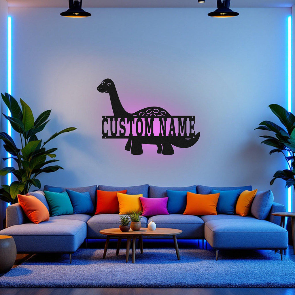 Custom Brontosaurus Dinosaur Metal Wall Art With Led Light, Personalized Brontosaurus Name Sign Decoration For Room, Brontosaurus Decor