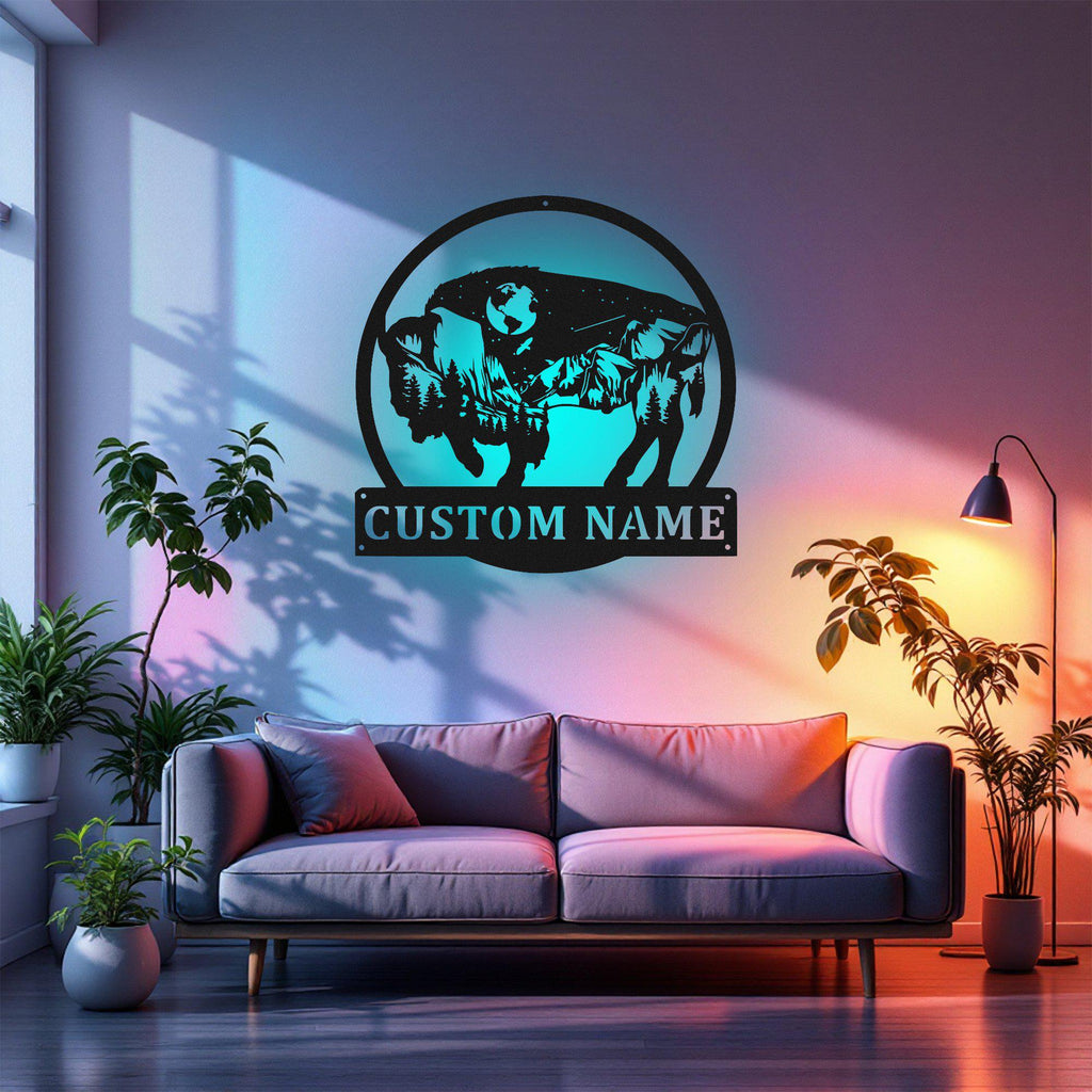 Custom Buffalo Outdoor Metal Wall Art With Led Light, Personalized Buffalo Name Sign Decoration For Room, Buffalo Metal Led Decor, Buffalo