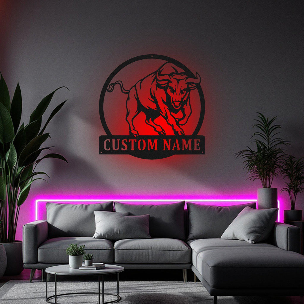 Custom Bull Metal Wall Art With Led Light, Personalized Bull Name Sign Decoration For Room, Bull Metal Led Decor, Custom Bull Name Sign