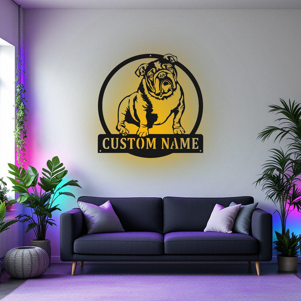 Custom Bulldog Metal Wall Art With Led Light, Personalized Bulldog Dog Name Sign Decoration For Room, Bulldog Metal Led Decor,Custom Bulldog